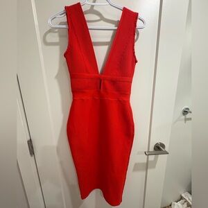 Red V-Neck Ribbed Waistband Bodycon Dress